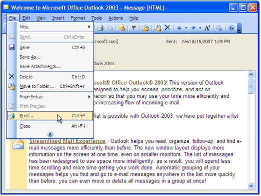 Double-click the email in Outlook inbox to open it and press File-Print... in main menu.