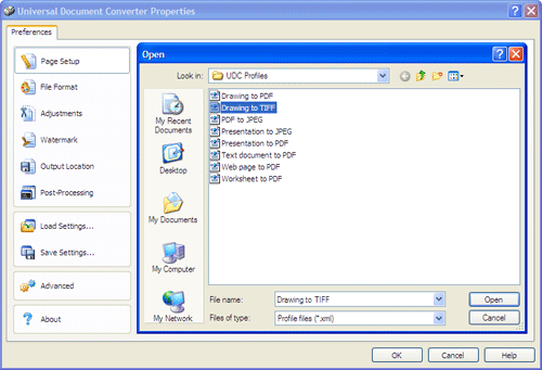 Use the Open dialog to select "Text document to PDF.xml" and click Open