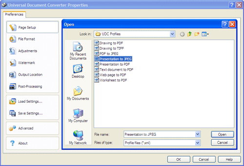 Use the Open dialog to select "Text document to PDF.xml" and click Open