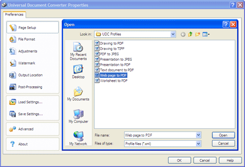 Use the Open dialog to select "Text document to PDF.xml" and click Open