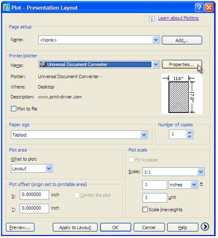 Select Universal Document Converter from the plotters list and press Properties button.