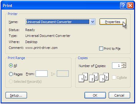 Select Universal Document Converter from the printers list and press Properties button.