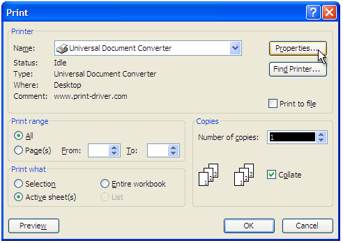 Select Universal Document Converter from the list of printers and press the Properties button.