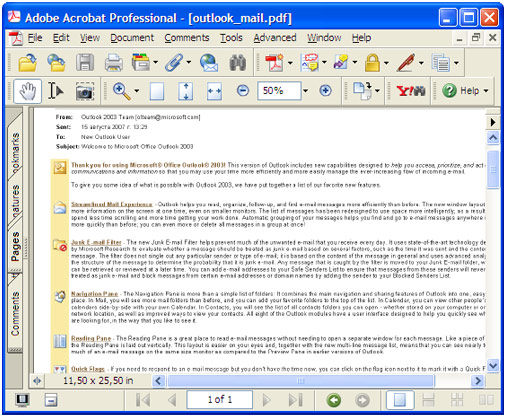 Converted email in Adobe Acrobat.