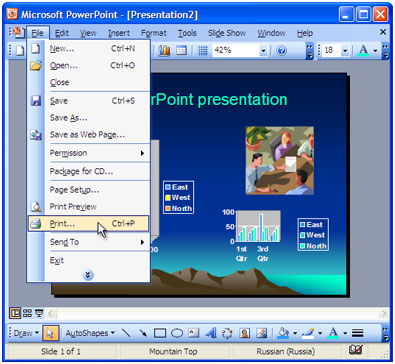 Open the presentation in Microsoft PowerPoint and press File-Print... in application main menu.
