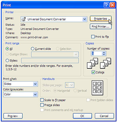 Select Universal Document Converter from the printers list and press Properties button.