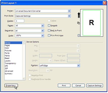 Select Universal Document Converter from the printers list and press Properties... button.