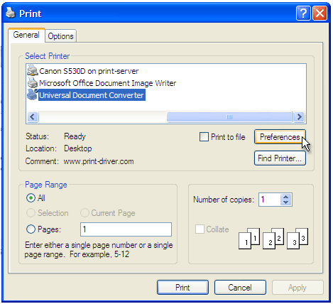 Select Universal Document Converter from the printers list and press Preferences button.